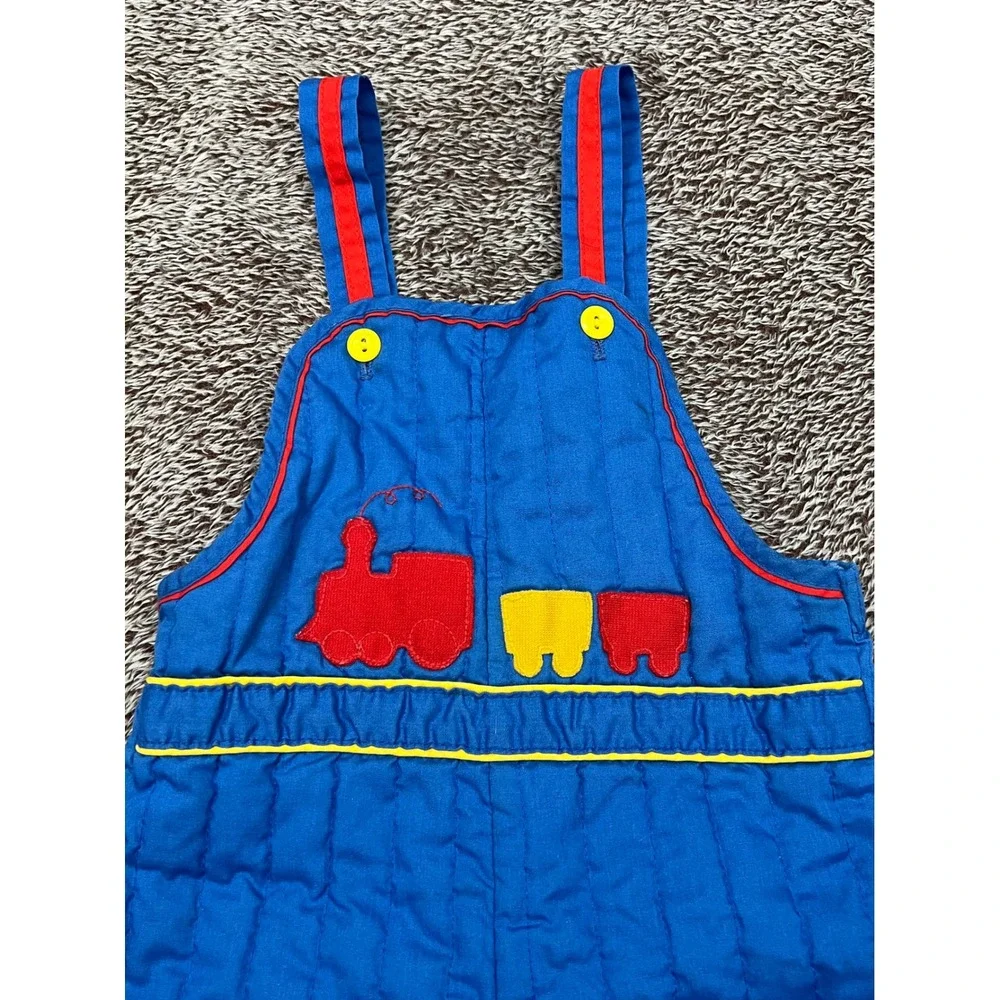 Vintage Cute Togs of New Orleans Quilted Train Overalls Blue 24M Made in USA